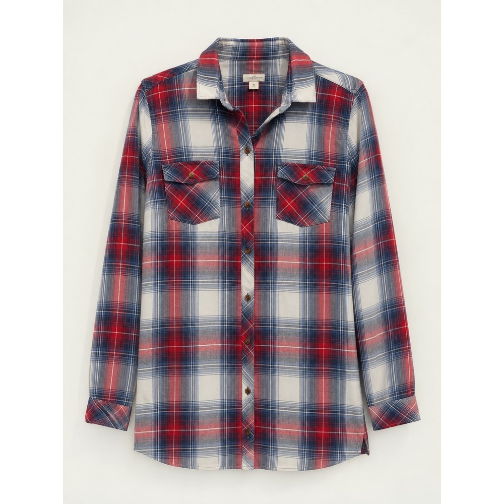 J Jill Denim Womens Small Tall Red Blue Plaid Button Down Flannel Tunic Shirt LS